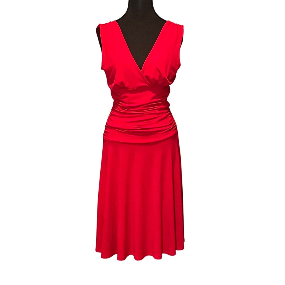 Ruby Red Ruched V-Neck Sleeveless Cocktail Dress M Made in USA Y2K Vamp Glam